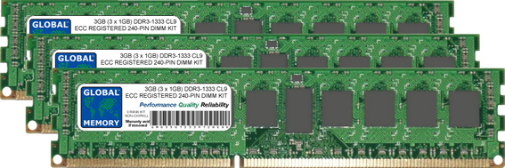 3GB (3 x 1GB) DDR3 1333MHz PC3-10600 240-PIN ECC REGISTERED DIMM (RDIMM) MEMORY RAM KIT FOR SERVERS/WORKSTATIONS/MOTHERBOARDS (3 RANK KIT NON-CHIPKILL)